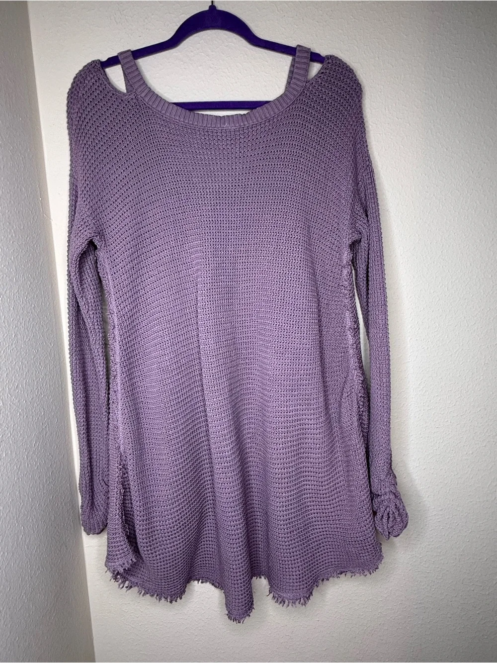 Free People Lavender Cold-Shoulder V-Neck Waffle Knit Sweater